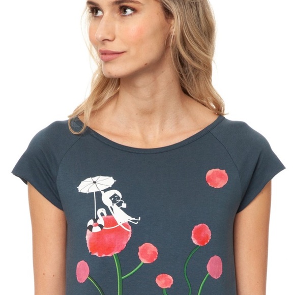 Fellherz Organic Vegan Cotton Sundowner Cap Sleeve Thundercloud Tee Size M NWT - Picture 2 of 9